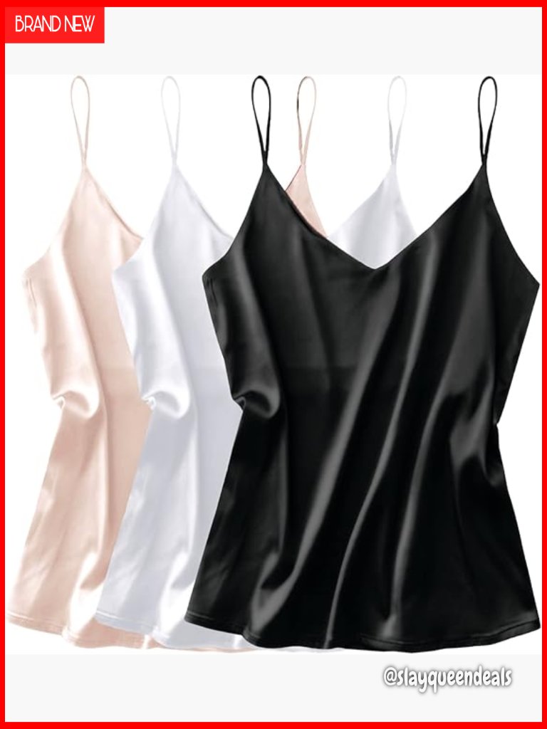 Silk Satin V-Neck Camisole Tank Top, Adjustable Spaghetti Straps, Loose Fit